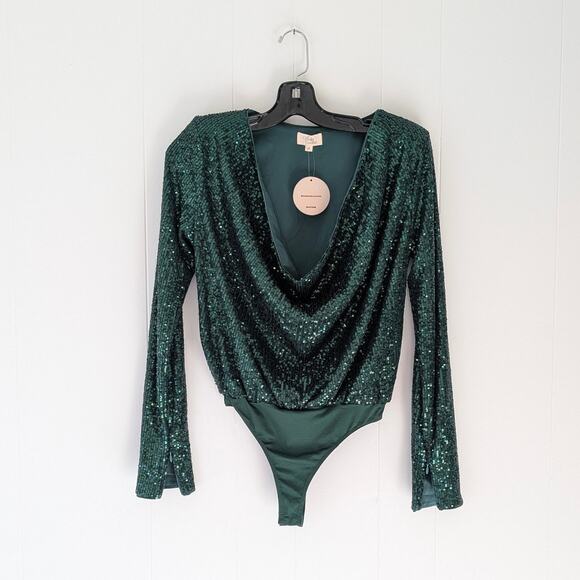 NWT Camila Coelho CeCe Shiny Green Sequin Bodysuit Top, size S - Picture 1 of 6